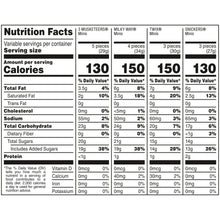 Nutrition facts close-up for assorted mini chocolate bars, calories 130 and 150