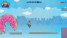 Nintendo Switch game screenshot with Dog Man character jumping in a city level