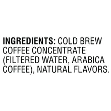 Ingredients panel for cold brew coffee concentrate: filtered water, arabica coffee, natural flavors