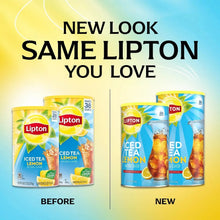 Before-and-after layout with iced tea lemon mix canisters in two pack designs