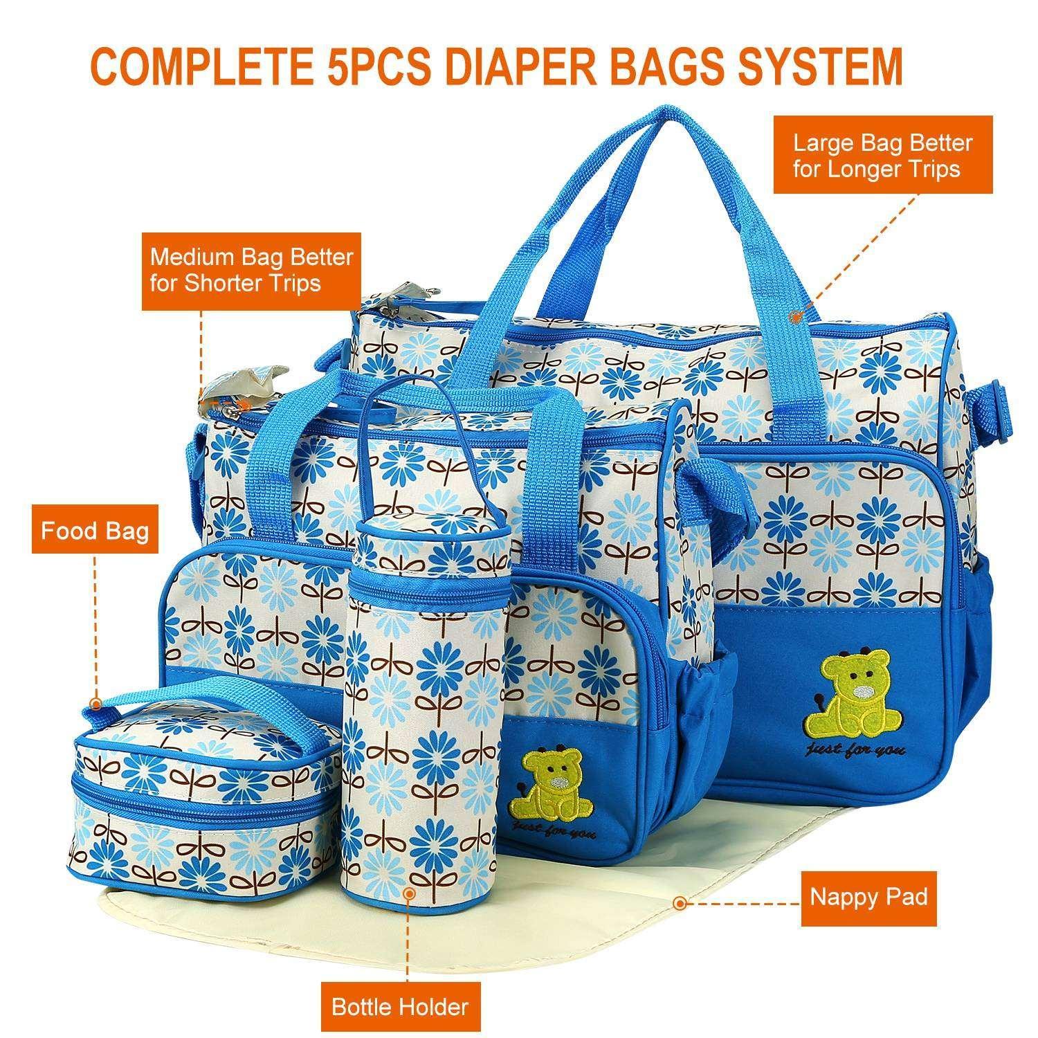 Baby Diaper Bag 5 Pcs Toddler Diaper Bag Tote Multifunction Portable Baby Bag for Boys and Girls Blue - USA MEGA SHOP