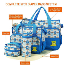 Blue 5-piece diaper bag set with tote, bottle holder, and matching zip pouches