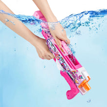 Pink and purple XSHOT water blaster with orange nozzle spraying water in use