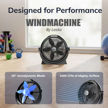 Black 20-inch floor fan with aerodynamic blade graphic and front grille