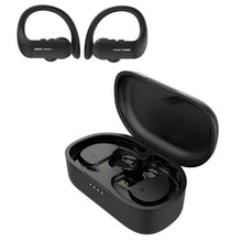 Black charging case open showing two wireless earbuds and charging contacts