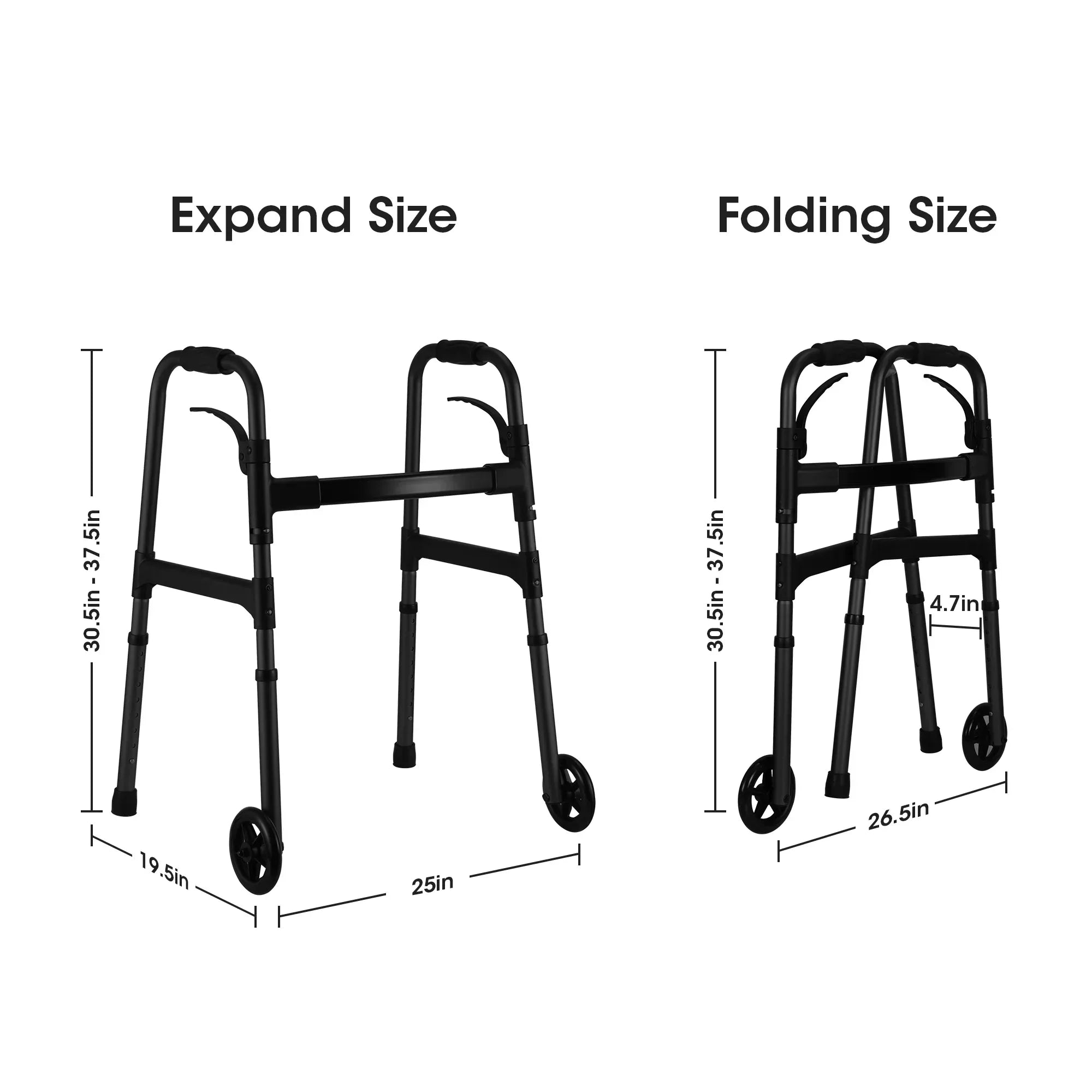 MaxKare Folding Walker with Wheels, 8 Levels Adjustable Height 30.5"-37.5", 300lbs Weight Capacity, Lightweight, for Senior, Black