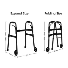 Black folding walker with wheels, expanded and folded size diagram