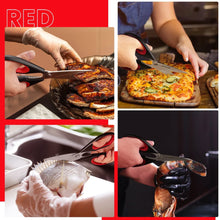 Kitchen scissors set used to cut food and packaging, with black bodies and red handles.