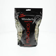 Resealable bag of in-shell sweet chili pistachios, black with pistachios shown on sides