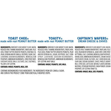 Ingredients panel for Toast Chee, Toasty, and Captain's Wafers varieties