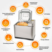 Stainless steel bread maker with open lid and LCD display showing safety features