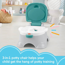 Teal-lidded toddler potty chair with removable ring and white base