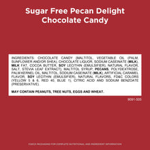 Ingredients label for sugar-free pecan delight chocolate candy on bag, back panel view