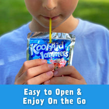 Kool-Aid Jammers Tropical Punch drink pouch with straw, held by a child