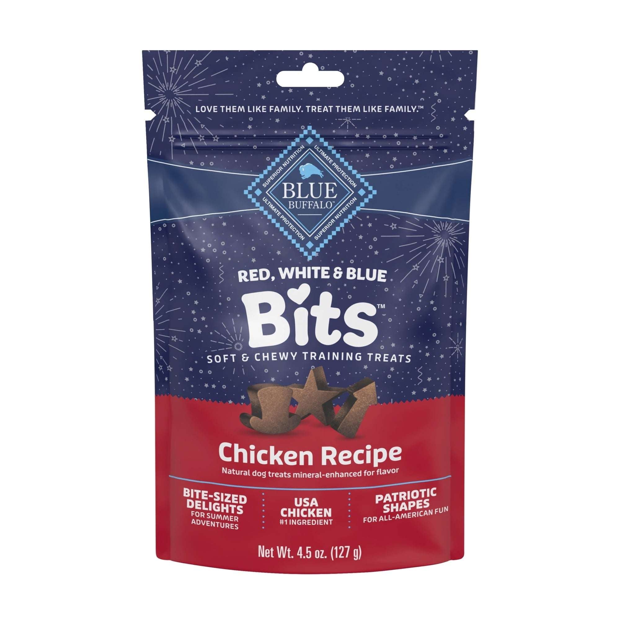 (3 pack) Blue Buffalo Red, White & Blue Bits, Soft and Chewy Training Treats, Chicken, 4.5oz Bag