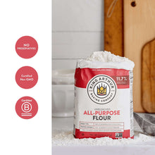 Unbleached all-purpose flour bag with Non-GMO and B Corp badges, red/white, 5 lb