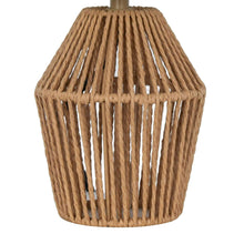 Brown woven rope lamp base with white fabric drum shade top