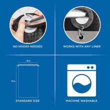 Black fabric shower curtain top with built-in rings and hand twisting onto rod