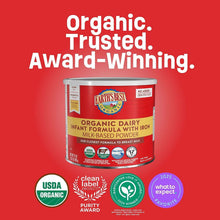 Organic dairy infant formula can, USDA organic badges, no added corn syrup