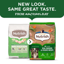 Dry dog food bag and pouch set in green with Real Chicken & Veggies Recipe branding