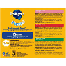 Pedigree puppy wet dog food package back panel with feeding directions and details