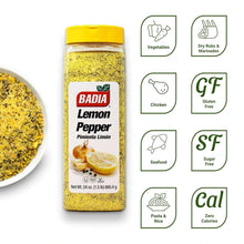 Lemon pepper seasoning bottle with yellow cap and printed lemon pepper label, 24 oz
