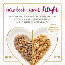 Cat food entrée shown in two heart-shaped bowls: before and after
