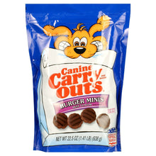 Burger Minis beef flavor dog treat bag with cartoon dog graphic