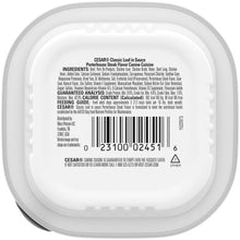 Cesar wet dog food tray back with ingredients, guaranteed analysis, and feeding guide