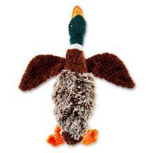 Plush duck dog toy with green head, brown wings, orange feet and speckled body