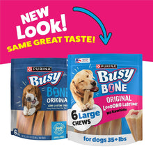 Busy Bone original large and smaller dog chew bags with beige bone pieces