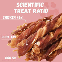 Twisted dog jerky strips showing chicken, duck, and cod mix