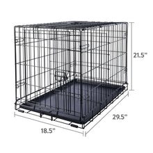 Black metal wire dog crate with leak-proof tray, labeled measurements for length and height.