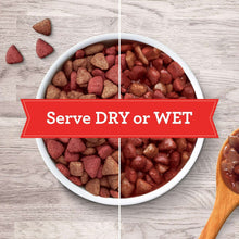 Two-section bowl of dog kibble with red banner reading Serve DRY or WET