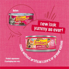 Wet cat food can showing new look packaging and salmon and beef in sauce branding