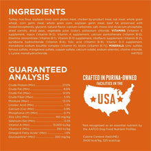 Purina ONE Plus dog food bag back panel with ingredients and guaranteed analysis tables
