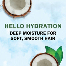 Shampoo label with coconut halves and Hello Hydration deep moisture message