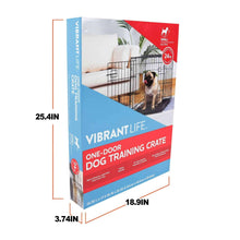 Vibrant Life one-door dog training crate box with size and dimension labels.
