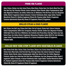 Wet dog food ingredient list for Prime Rib flavor, including water, chicken, and animal plasma