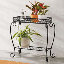 Black metal 2-tier plant stand holding two potted plants, scroll legs, open frame.