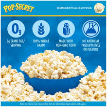 Homestyle butter microwave popcorn package with nutrition icons and a bowl of popcorn