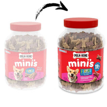Two dog treat canisters with bone-shaped biscuits, one red and one light pink lid