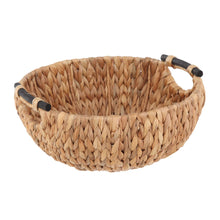 Natural woven water hyacinth decorative bowl with two curved wooden-look handles