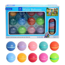 Reusable water balloons 20-pack in box with assorted blue, purple, green, and pink balloons