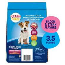 Dry dog food bag with Bacon & Steak mini bits flavor graphics