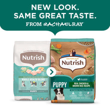 Rachael Ray Nutrish puppy dry dog food, bag and pouch side-by-side