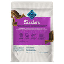 Blue Buffalo Sizzlers bacon-style dog treat bag back panel with ingredient details
