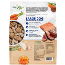 Freshpet Large Dog dry food bag back panel with ingredients, nutrition table, and images