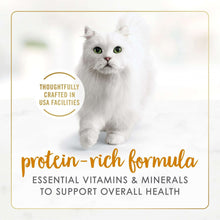 Fancy Feast wet cat food packaging panel with white cat and protein-rich formula callout