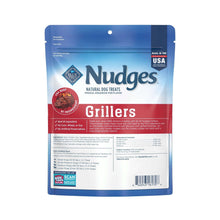 Blue Buffalo Nudges Grillers dog treat bag, back label with feeding details